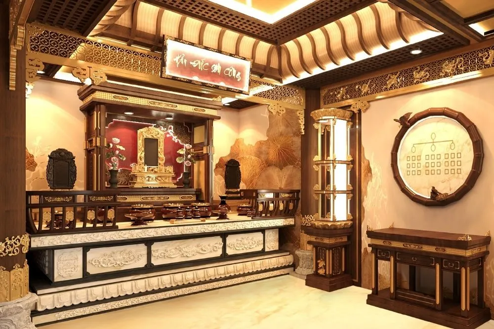 Không gian tự viện nhà thờ họ trang nghiêm với tượng Phật và nội thất gỗ